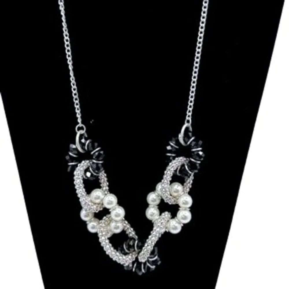 New York & Company Silver Tone Faux Pearl Black Beaded Bib‎ Statement Necklace